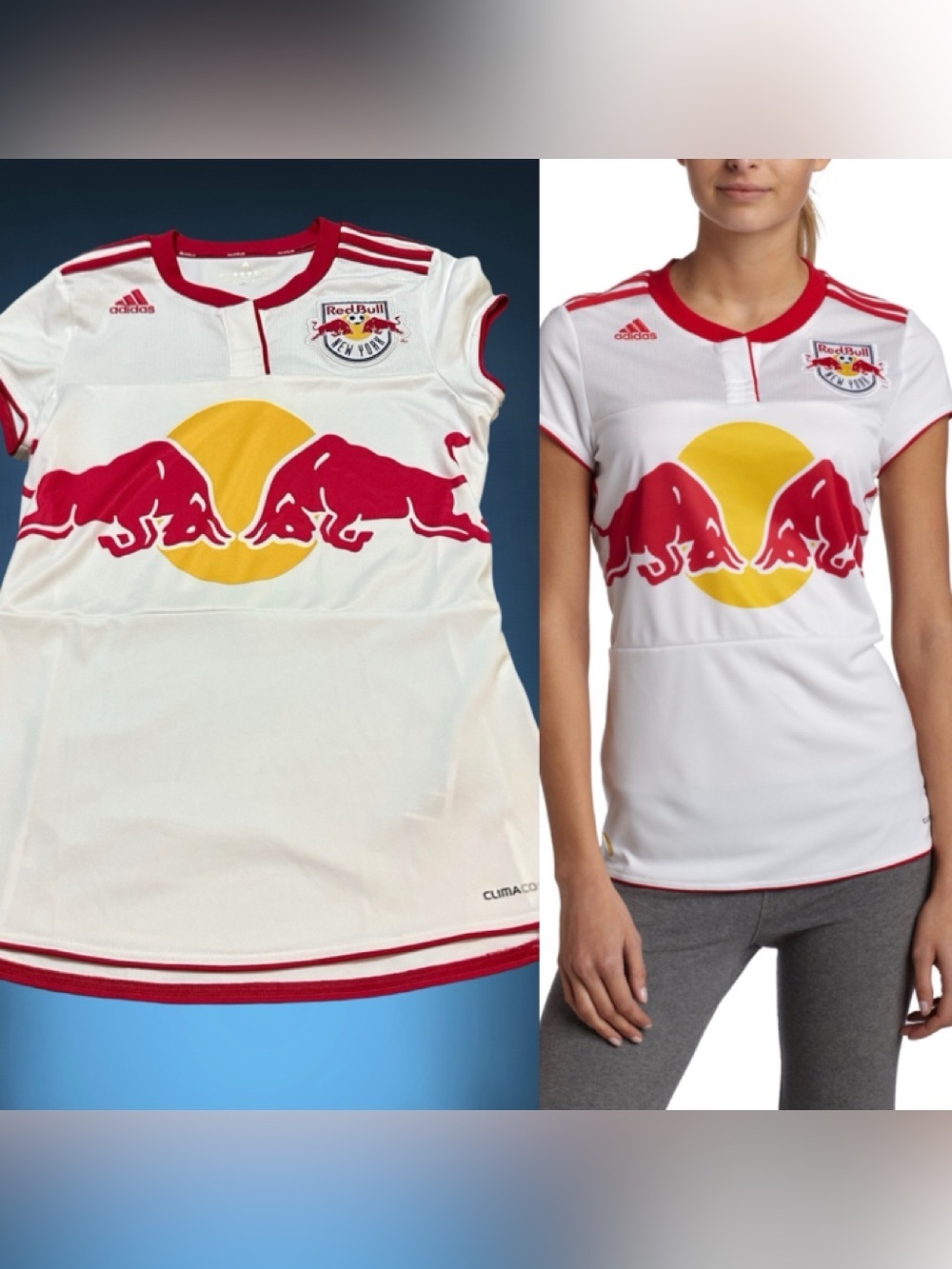 adidas White Women's New York Red Bulls Soccer Jersey with Red & Yellow Logo M